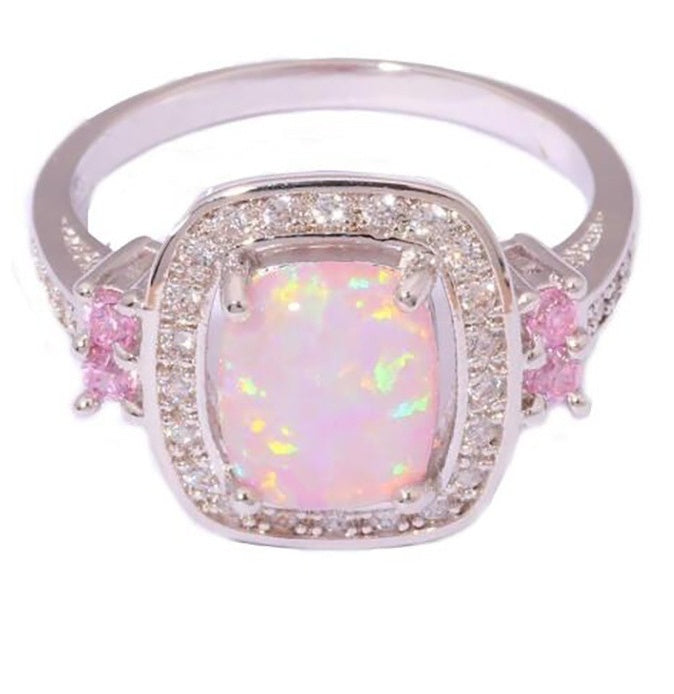 Pink Opal Halo Ring in Sterling Silver | Cushion Cut Fire Opal Engagement Ring | October Birthstone Gift for Her