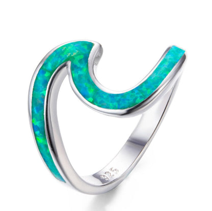 Wave Design Opal Inlay Silver Ring | Natural Opal Wave Ring | October Birthstone Gift for Her