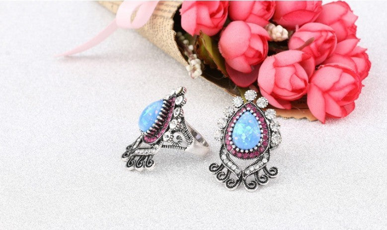 Blue Opal White Crystal Flower Ring in Sterling Silver | Floral Opal Crystal Ring | October Birthstone Gift for Her