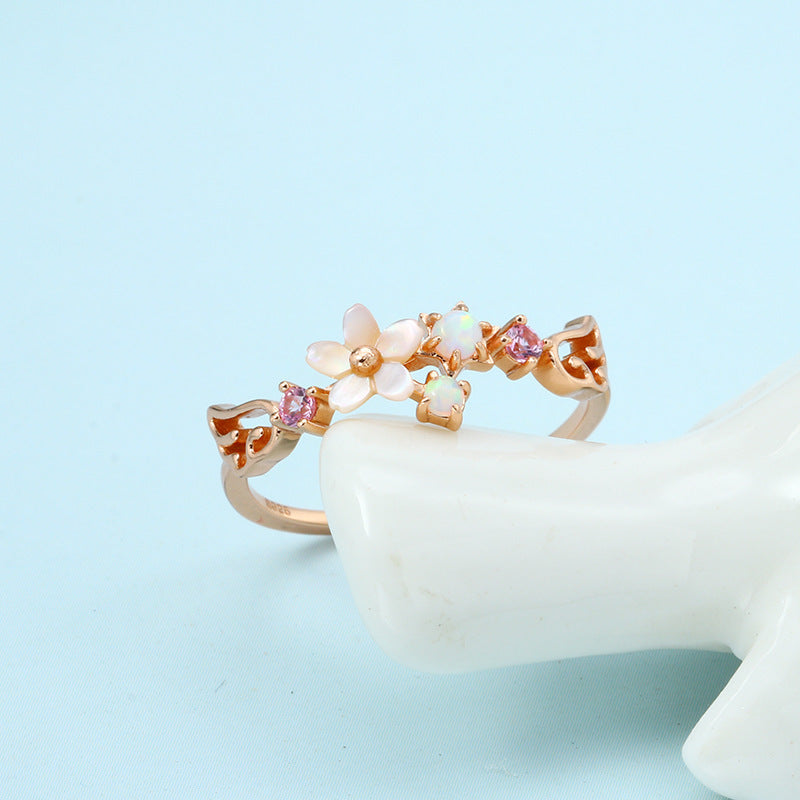 Shell Flower Opal Ring in Sterling Silver | Ocean Floral Opal Ring | October Birthstone Gift for Her