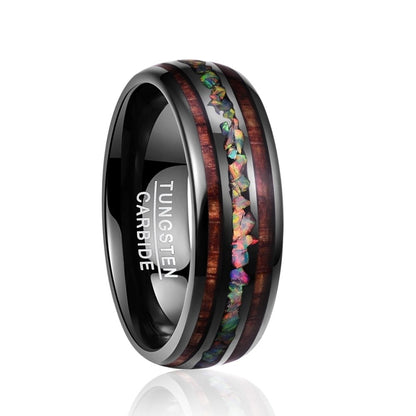 Black Acacia Wood and Opal Tungsten Ring | Natural Wood Inlay Wedding Band | Anniversary Gift for Him and Her
