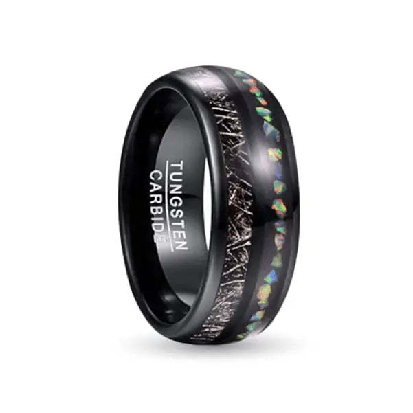 Black Opal Tungsten Ring | U-Shaped Black Wedding Band with Opal Inlay | Anniversary Gift for Her and Him