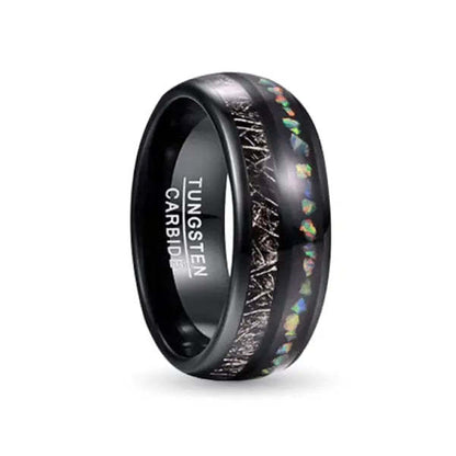 Black Opal Tungsten Ring | U-Shaped Black Wedding Band with Opal Inlay | Anniversary Gift for Her and Him