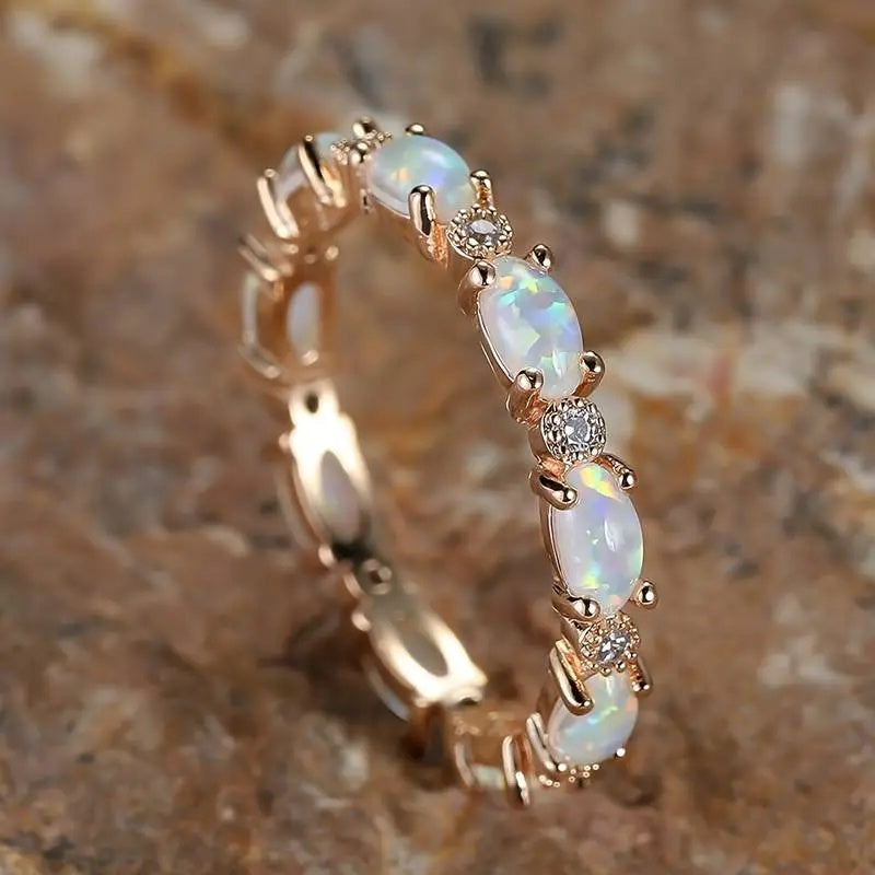 Gold Oval Opal Eternity Ring | Elegant Gold Opal Band Ring | October Birthstone Anniversary Gift for Her