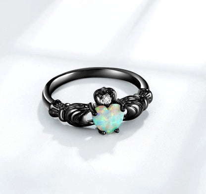 Heart Opal Crown Black Ring | Royal Heart Opal Statement Ring | October Birthstone Gift for Her