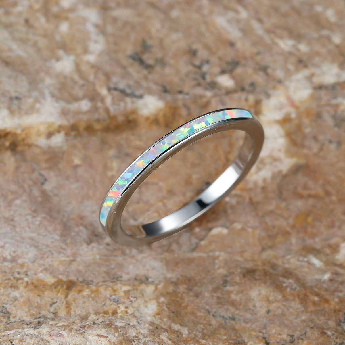 White and Blue Opal Inlay Silver Band Ring | Opal Wedding Band Gift for Her | October Birthstone Ring