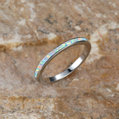 White and Blue Opal Inlay Silver Band Ring | Opal Wedding Band Gift for Her | October Birthstone Ring