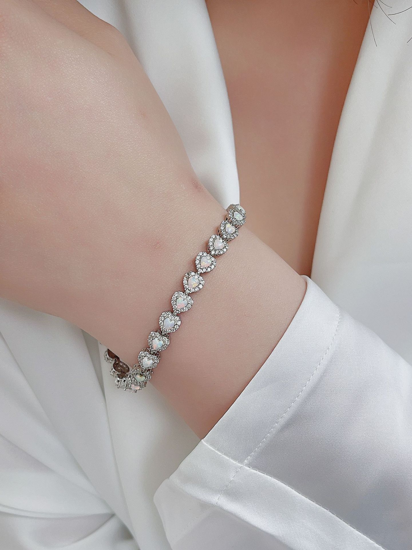 Heart Opal Tennis Bracelet In 925 Sterling Sliver