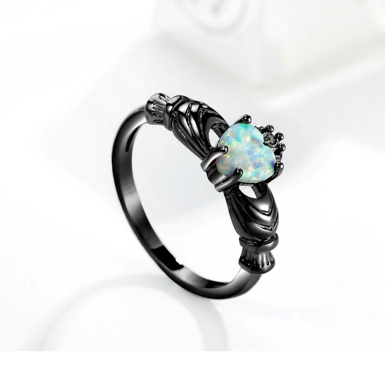Heart Opal Crown Black Ring | Royal Heart Opal Statement Ring | October Birthstone Gift for Her