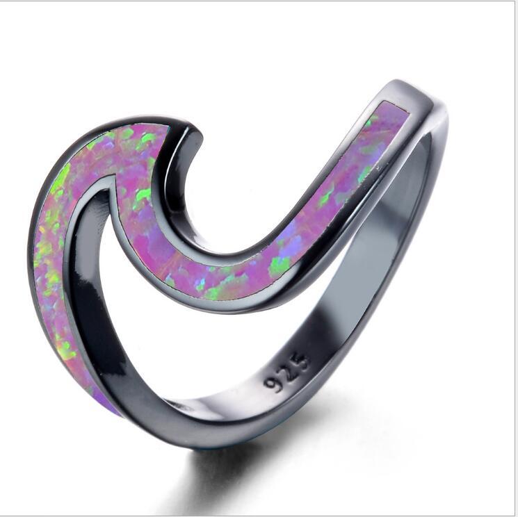 Black Gold Plated White Opal Ocean Wave Ring | Silver Opal Inlay Statement Ring | October Birthstone Gift for Her