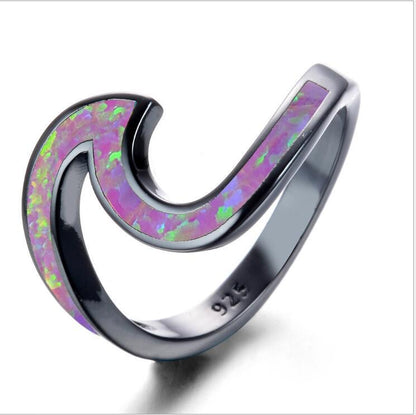 Black Gold Plated White Opal Ocean Wave Ring | Silver Opal Inlay Statement Ring | October Birthstone Gift for Her