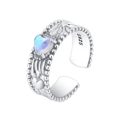 Sterling Silver Heart Gem Ring | Adjustable S925 Ring for Women | Vintage Heart Gemstone Gift for Her