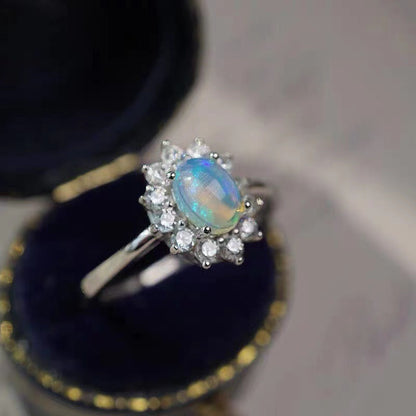 Oval Opal Halo Ring in 925 Sterling Silver White Gold | October Birthstone Engagement Gift for Her