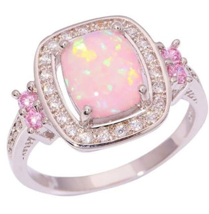 Pink Opal Halo Ring in Sterling Silver | Cushion Cut Fire Opal Engagement Ring | October Birthstone Gift for Her
