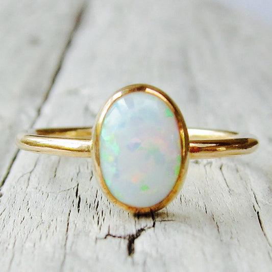 Oval Multi Fire White Opal Ring in Gold | Vibrant White Opal Gold Ring | October Birthstone Gift for Her