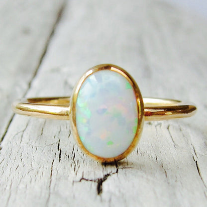 Oval Multi Fire White Opal Ring in Gold | Vibrant White Opal Gold Ring | October Birthstone Gift for Her