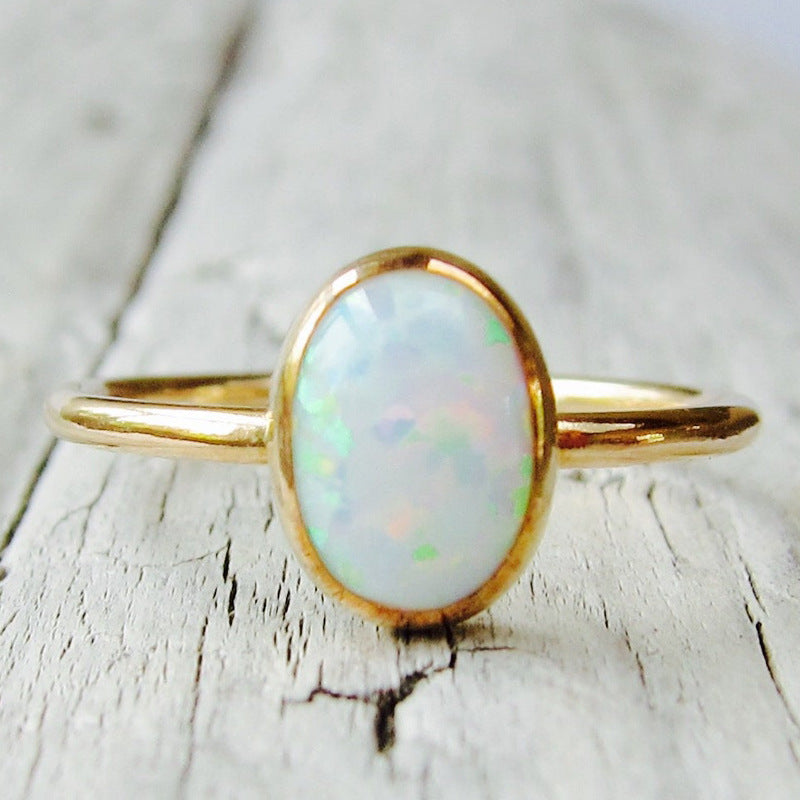 Oval Opal Ring in Gold-Plated 925 Sterling Silver | Minimalist October Birthstone Ring Gift for Her
