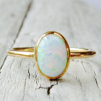 Oval Opal Ring in Gold-Plated 925 Sterling Silver | Minimalist October Birthstone Ring Gift for Her