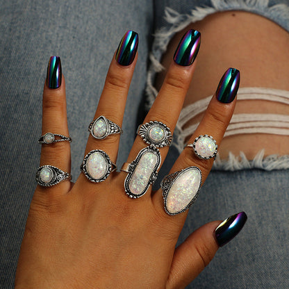 8 Piece Green Opal Boho Stacking Ring Set in Sterling Silver | Stackable Boho Opal Rings | October Birthstone Gift for Her