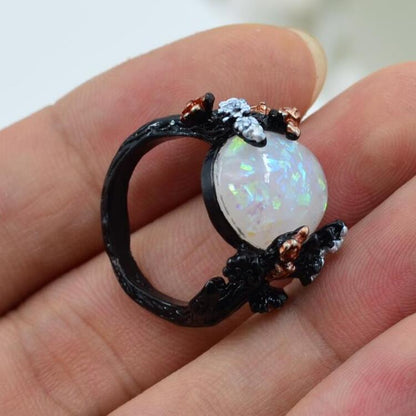 Vintage Flower Opal Ring in Black Gold | Floral Opal Statement Ring | October Birthstone Gift for Her