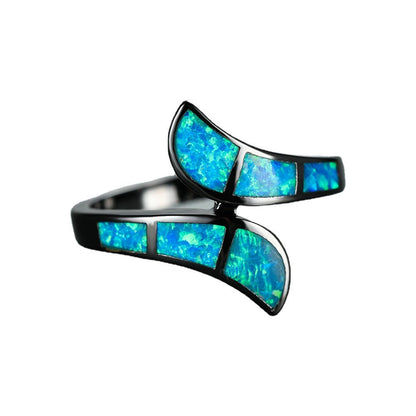 Black Gold Opal Ring | Blue and White Opal Inlay Statement Ring in Silver | October Birthstone Gift for Her