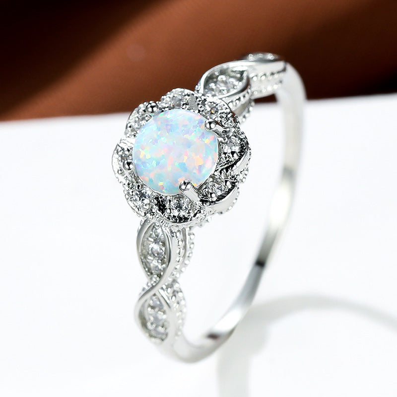 Platinum Round Opal Flower Ring in Sterling Silver | Floral Opal Platinum Ring | October Birthstone Gift for Her