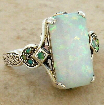 Square White Multi Fire Opal Ring in Antique Silver | Vintage Statement Opal Ring | October Birthstone Gift for Her