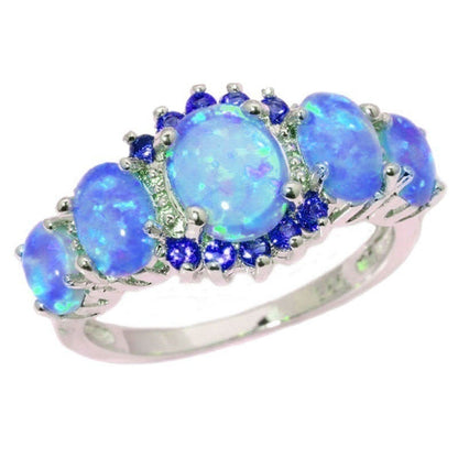 Multi Fire Blue and Green Opal Ring in 925 Sterling Silver | October Birthstone Gift for Her