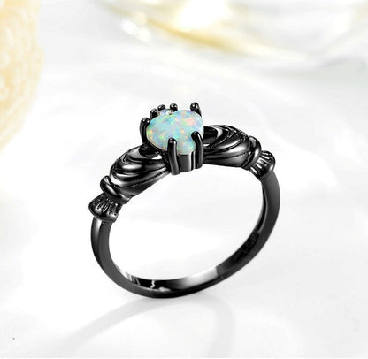 Heart Opal Crown Black Ring | Royal Heart Opal Statement Ring | October Birthstone Gift for Her