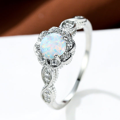 Platinum Round Opal Flower Ring in Sterling Silver | Floral Opal Platinum Ring | October Birthstone Gift for Her