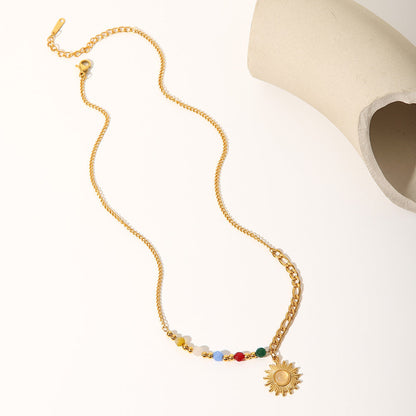 18K Gold Natural Stone Opal Sun Pendant Necklace