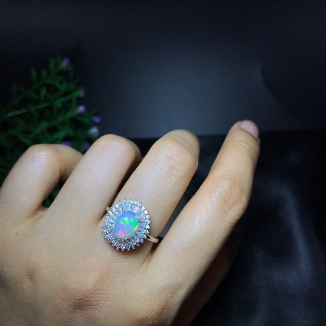 Natural Ethiopian Opal Halo Ring in Sterling Silver | Genuine Ethiopian Opal Ring | October Birthstone Gift for Her