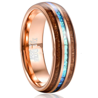 Rose Gold Opal Wedding Band | Tungsten Ring with Blue Opal and Wood Inlay | Anniversary Gift for Her and Him