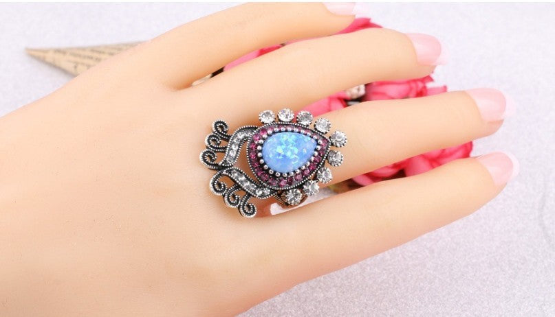 Blue Opal White Crystal Flower Ring in Sterling Silver | Floral Opal Crystal Ring | October Birthstone Gift for Her