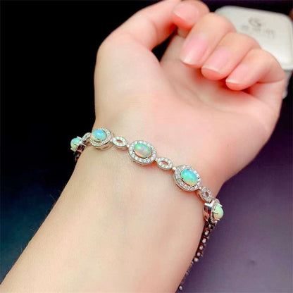 Sterling Silver Inlaid Oval Opal Bracelet | 4×6mm Natural Opal Jewelry | Elegant Style