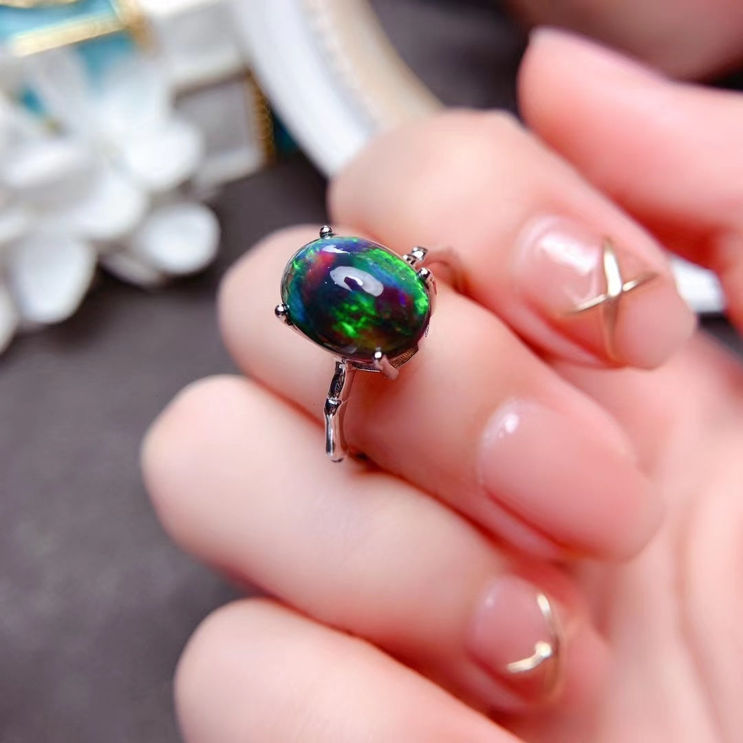 Delicate Mosaic Natural Black Opal Ring in 925 Sterling Silver | Rare Black Opal Ring | October Birthstone Gift for Her