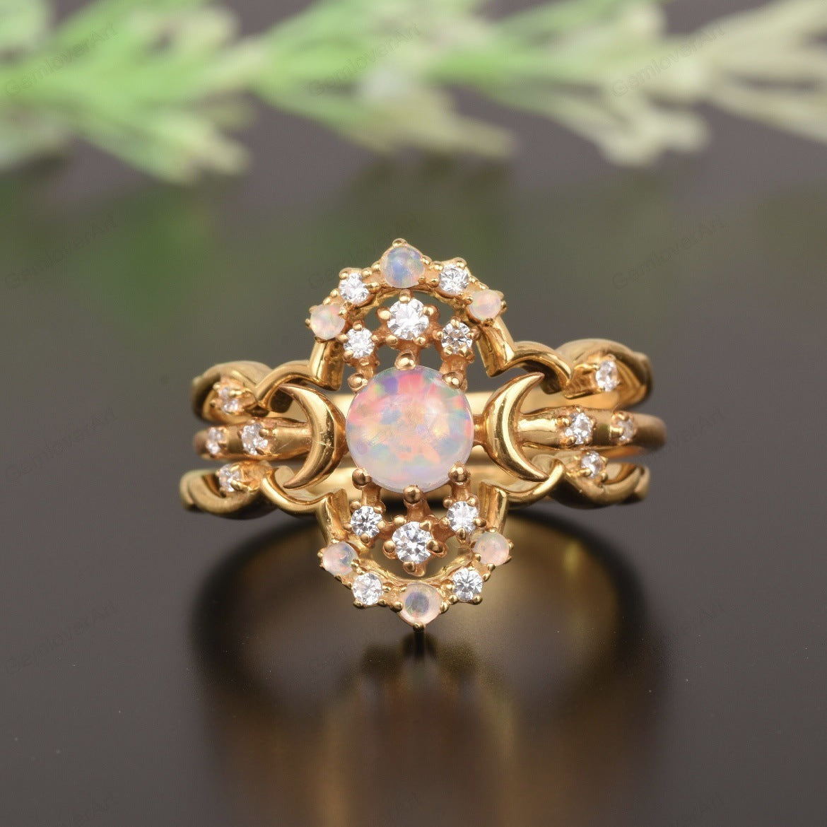 Star Moon Golden Three-Piece Opal Ring Set | Celestial Opal Stacking Rings | October Birthstone Gift for Her