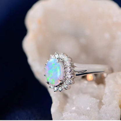 Oval Opal Halo Ring in 925 Sterling Silver White Gold | October Birthstone Engagement Gift for Her