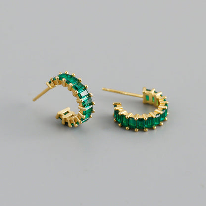 Sterling Silver Green Stone Huggie Hoop Earrings