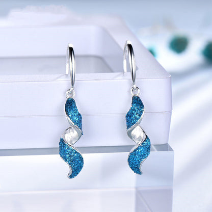 Silver Sea Blue Spiral Drop Earrings