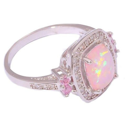 Pink Opal Halo Ring in 925 Sterling Silver | Cushion Cut October Birthstone Engagement Ring Gift for Her
