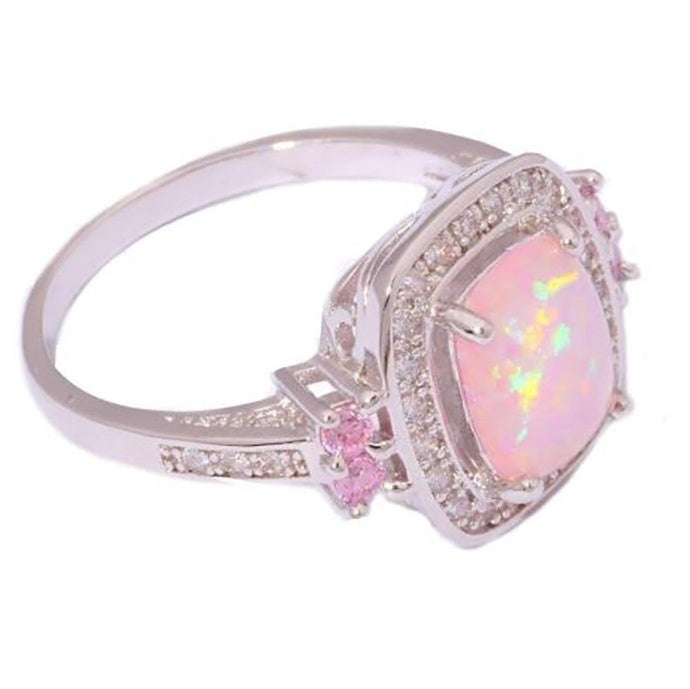 Pink Opal Halo Ring in Sterling Silver | Cushion Cut Fire Opal Engagement Ring | October Birthstone Gift for Her