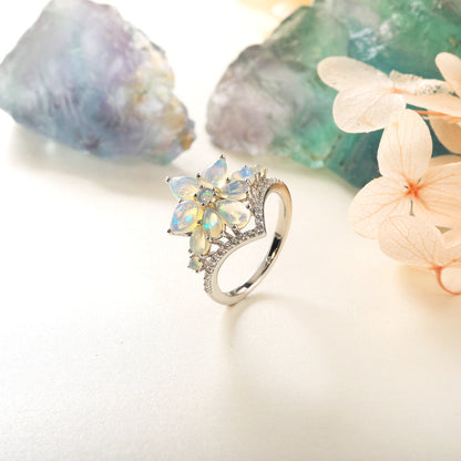 Flower Opal Ring in 925 Sterling Silver | Purple and White Gemstone Floral Ring | October Birthstone Gift for Her