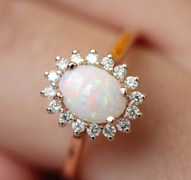 Oval Opal Halo Ring in 925 Sterling Silver | Bridal and Anniversary Opal Ring Gift for Her