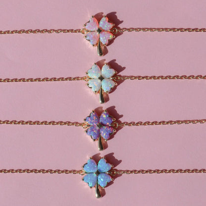 Opal Four-Leaf Clover Pendant Necklace & Ear Studs Pair