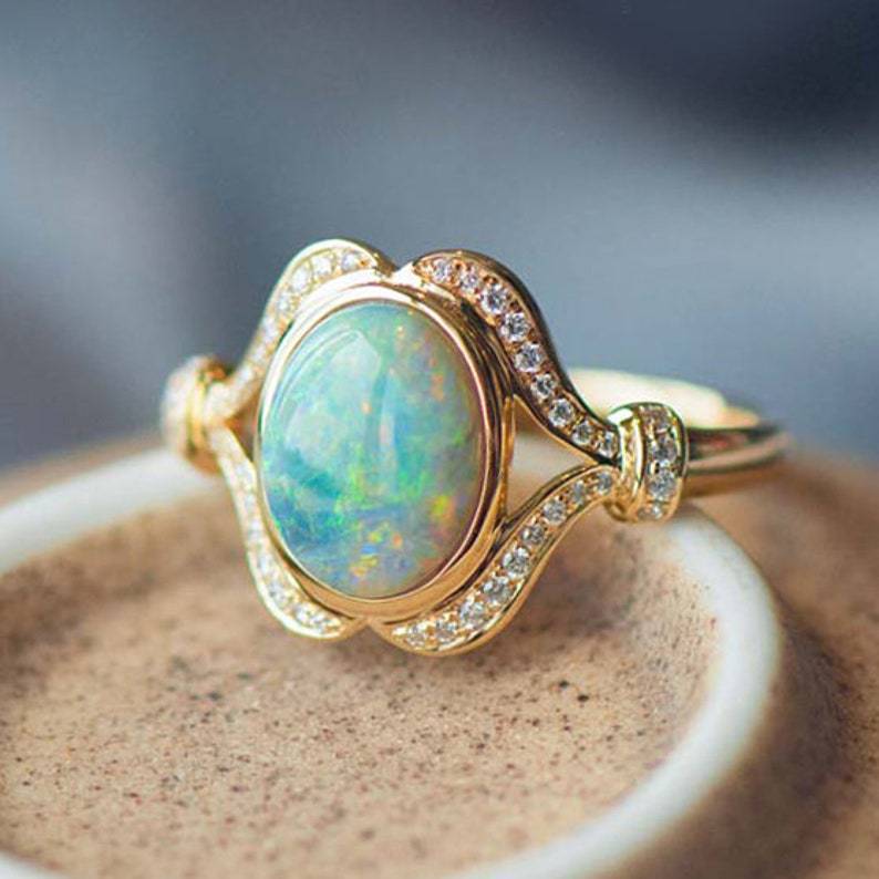 White Gold Inlaid Opal Ring in Sterling Silver | Elegant White Gold Opal Gemstone Ring | October Birthstone Gift for Her