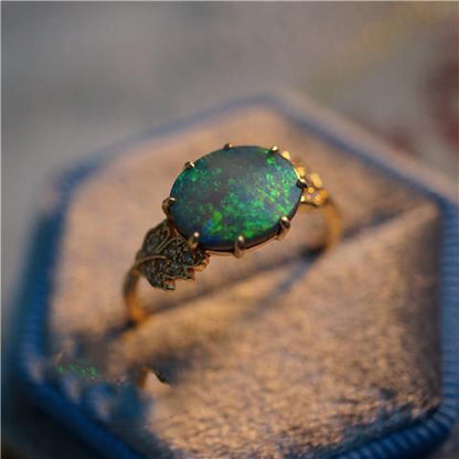 Oval Opal Adjustable Leaf Design Ring in 925 Sterling Silver | Nature Inspired Opal Ring Gift for Her