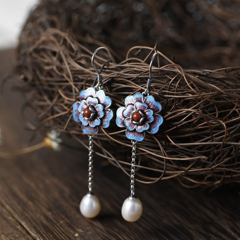 Sterling Silver Flower Drop Earrings with Pearl
