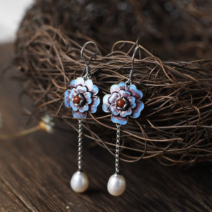Sterling Silver Flower Drop Earrings with Pearl
