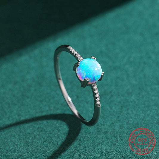 Natural Blue Opal Ring in S925 Sterling Silver | Genuine Opal Gemstone Ring | October Birthstone Gift for Her